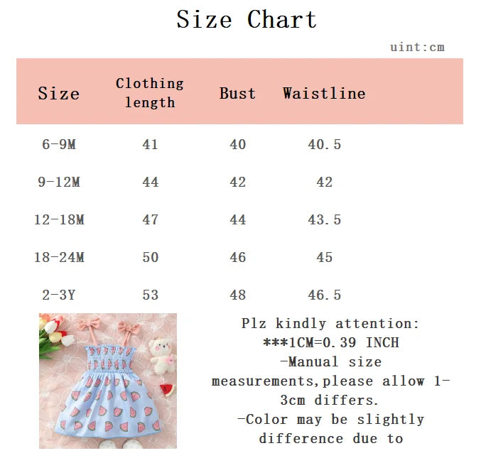 Summer Baby Girl Suspender Dress with Watermelon Print Stretch Dress suitable for 0-3 Years old Cute Baby girl Casual Dress