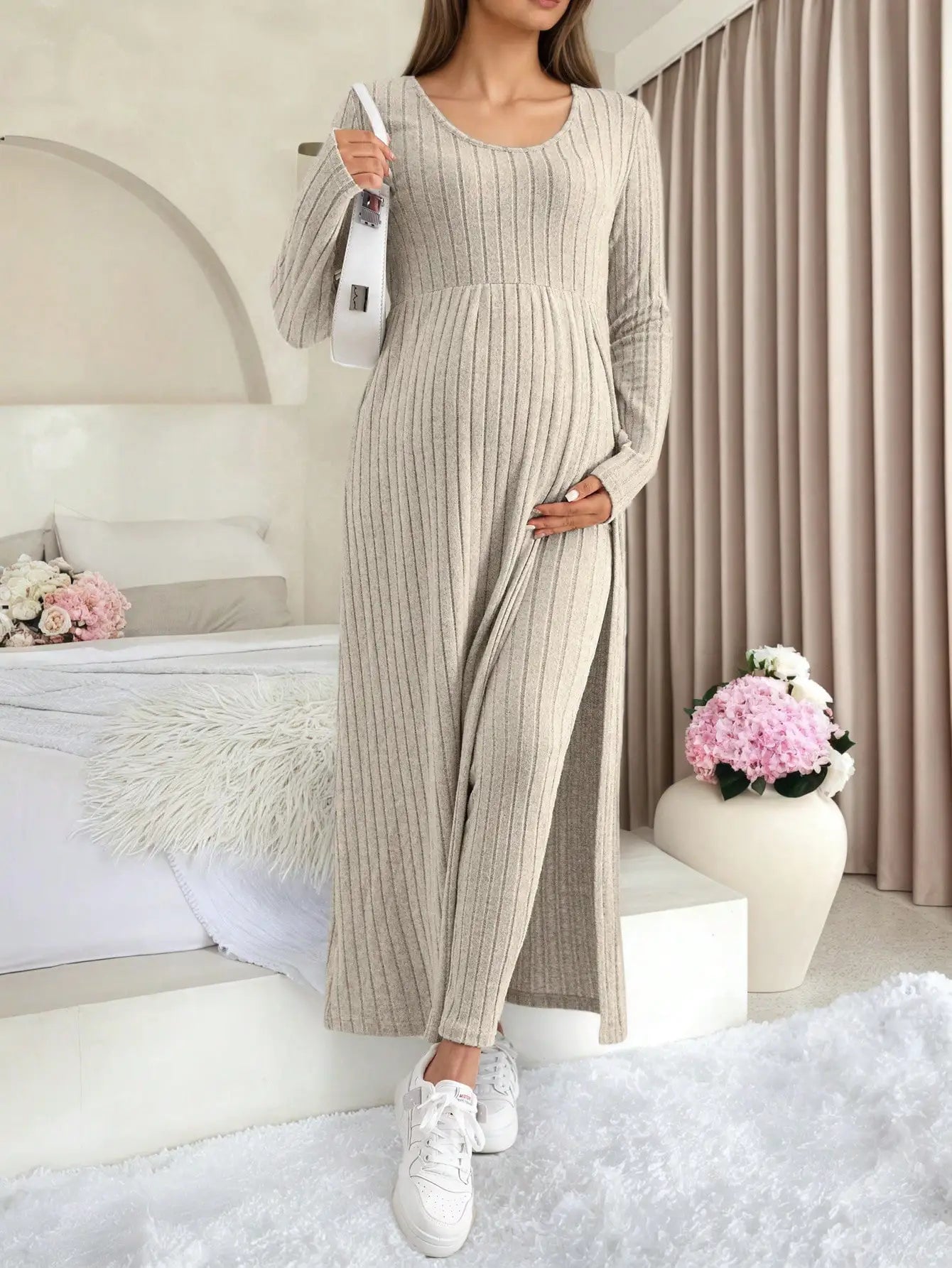 Maternity Women's Two Piece Sets and Outfits Long Sleeve Soft Ribbed Longline Casual Home Lounge Pants Set