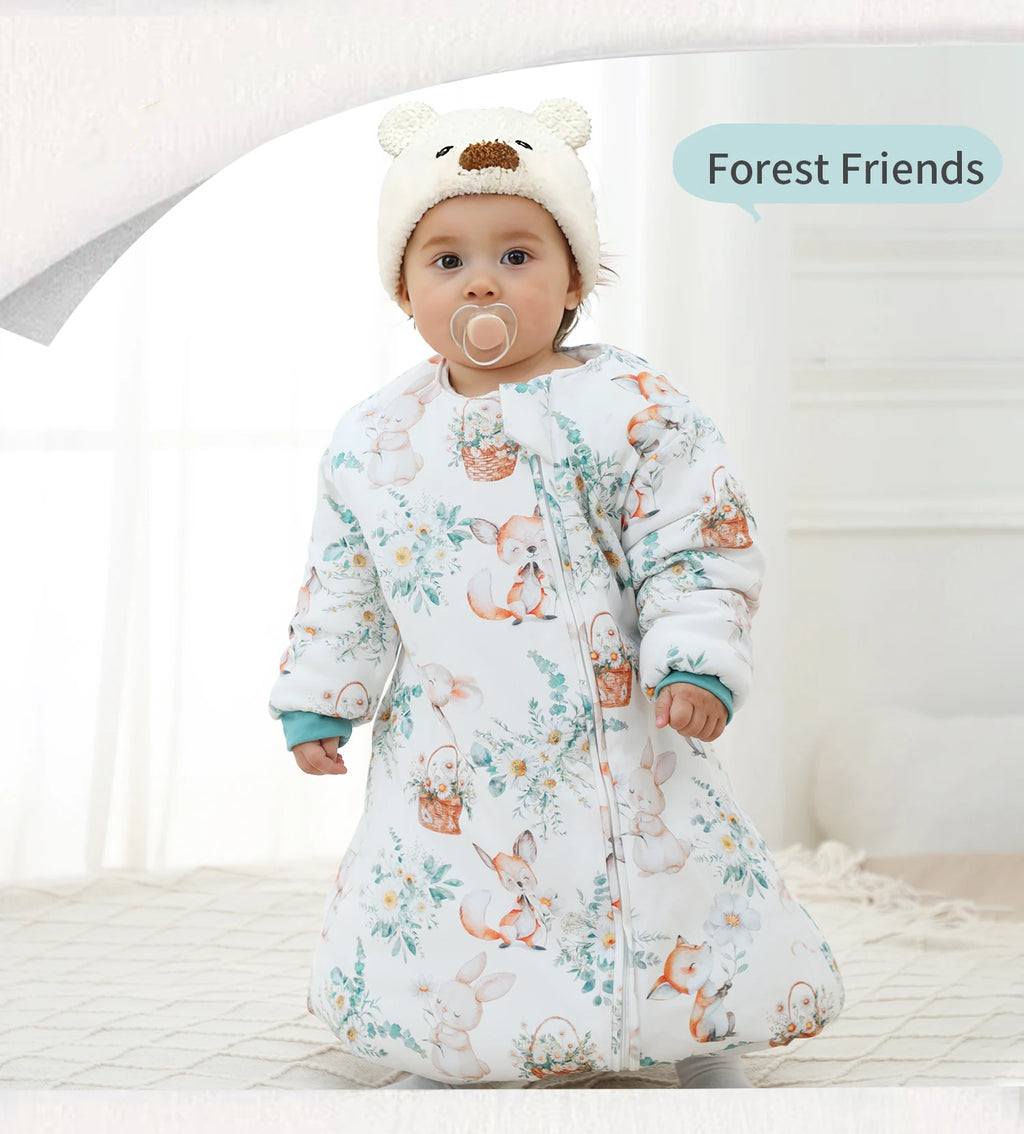 INSULAR Baby Cartoon Split-Leg Sleep Sack with Detachable Sleeves, 100% Cotton Thickened Winter & Autumn Toddler Sleeping Bag