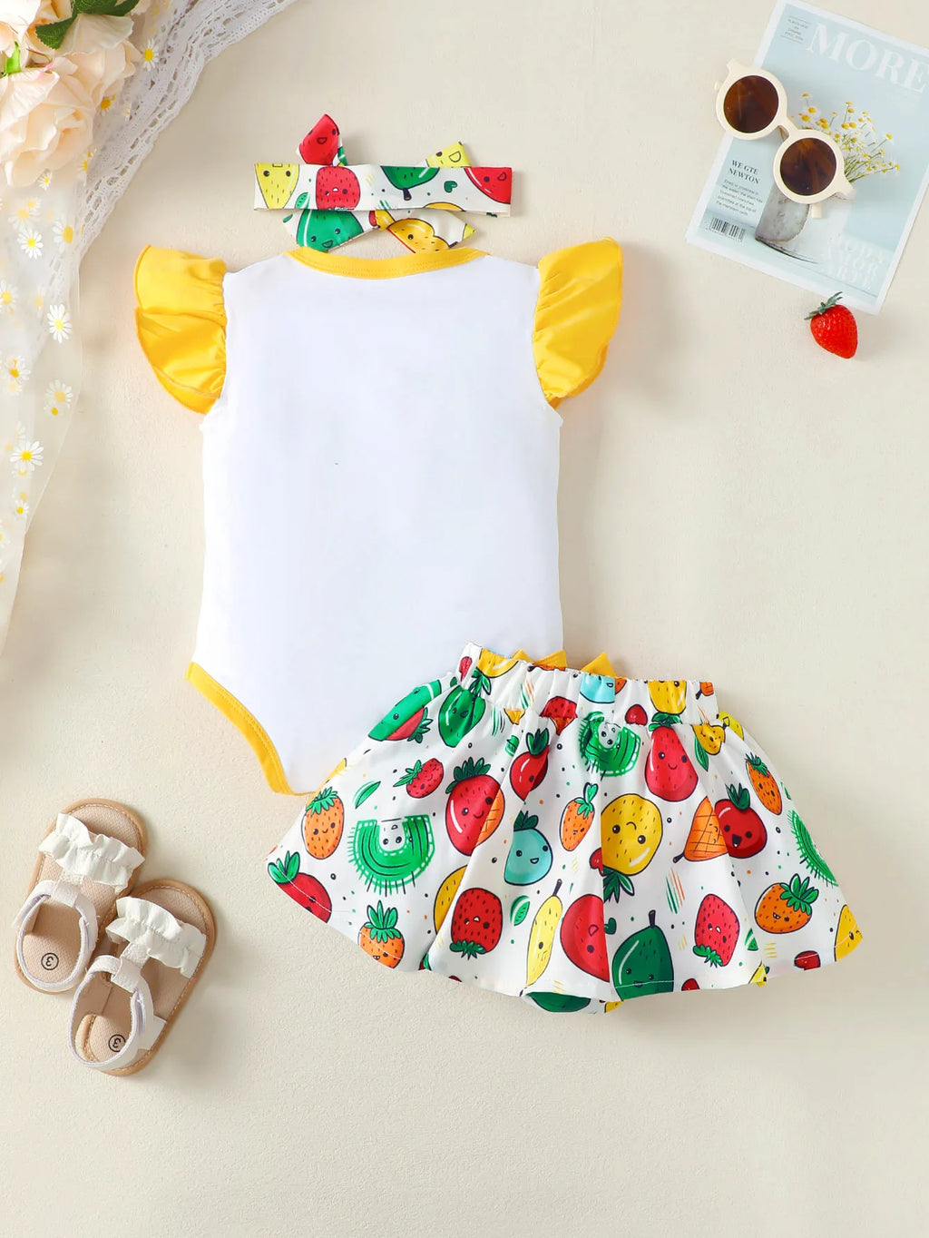 3Pcs Baby Girl Round Neck Fruit Bodysuit+Bow Fruit Print Skirt +Hair band Summer Set Suitable for 0-12 Months Baby Girl Cute Set