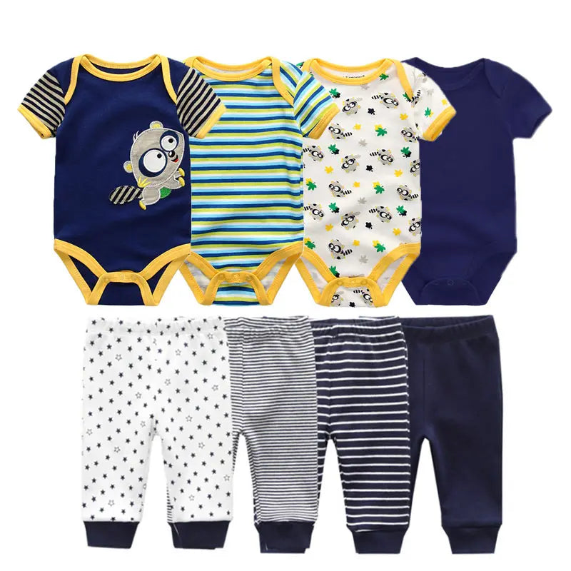 8-Piece Cartoon Baby Bodysuits and Pants Cotton Newborn Unisex Short Sleeve Onesies Trousers 0-12 Months