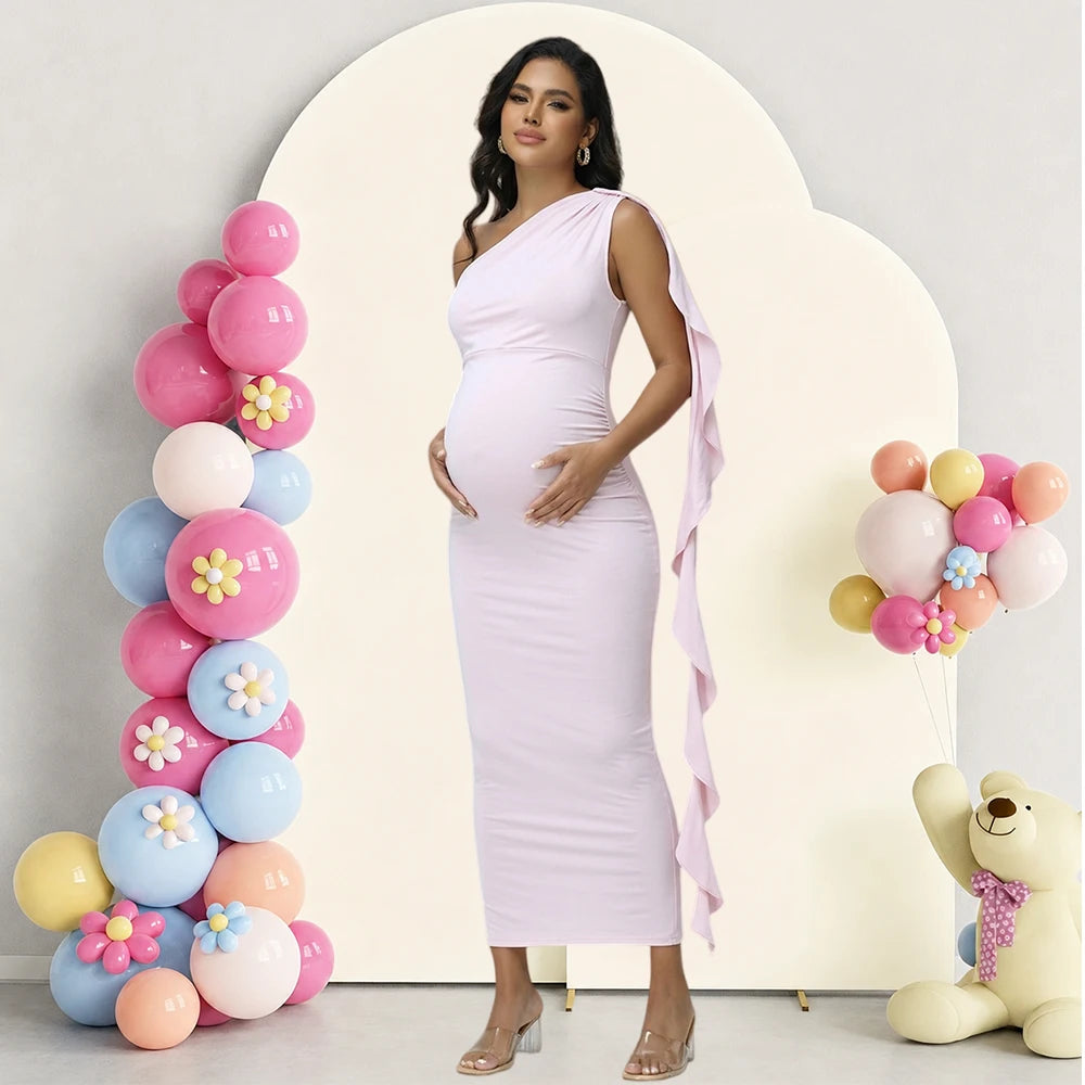 Maternity One Shoulder Ruffle Drape Baby Shower Dress Elegant Fitted Party Long Gown for Photoshoot