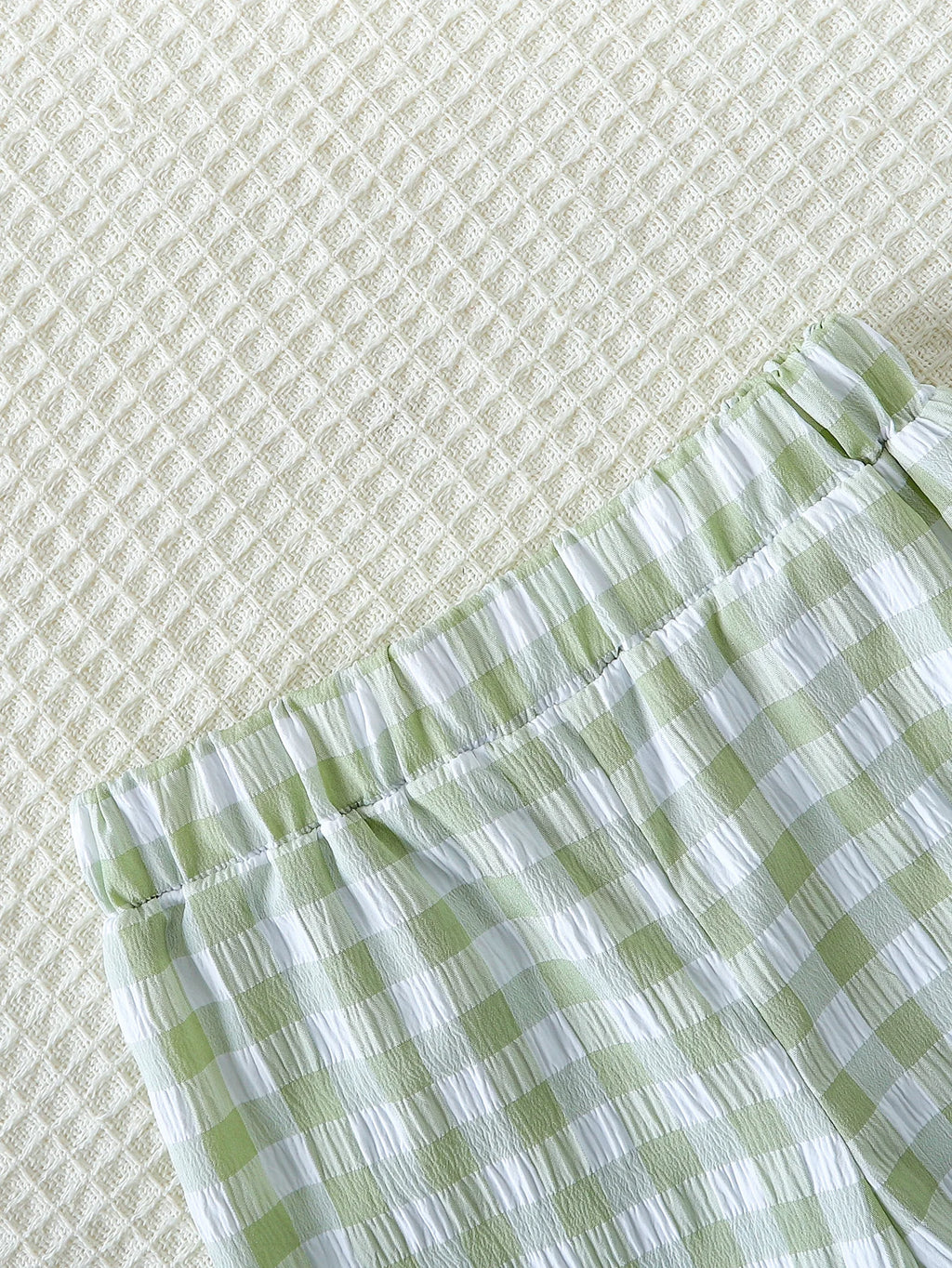 2pcs Summer Baby Girls Green Gingham Lace Trim Set, Cute Bow Top + Pants, Sweet Style, Daily/Outdoor Wear, 0-2Y, Breathable Fabr
