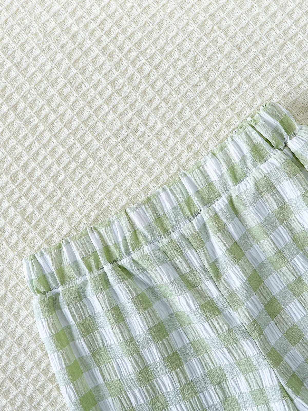 2pcs Summer Baby Girls Green Gingham Lace Trim Set, Cute Bow Top + Pants, Sweet Style, Daily/Outdoor Wear, 0-2Y, Breathable Fabr