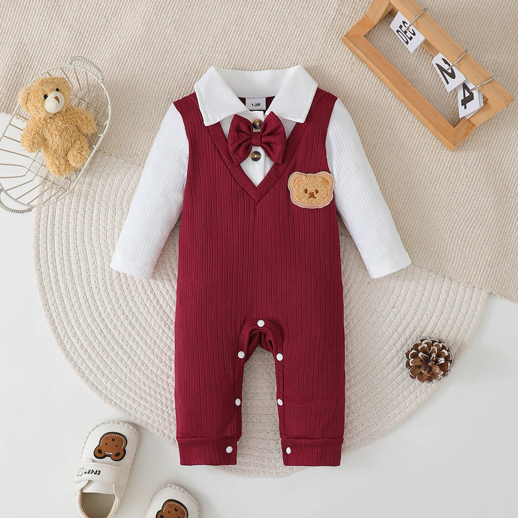 Newborn Baby boy Bodysuit lapel Bow College style Long sleeves Jumpsuit for 0-18 Months Baby Boys in Spring and Autumn Bodysuit