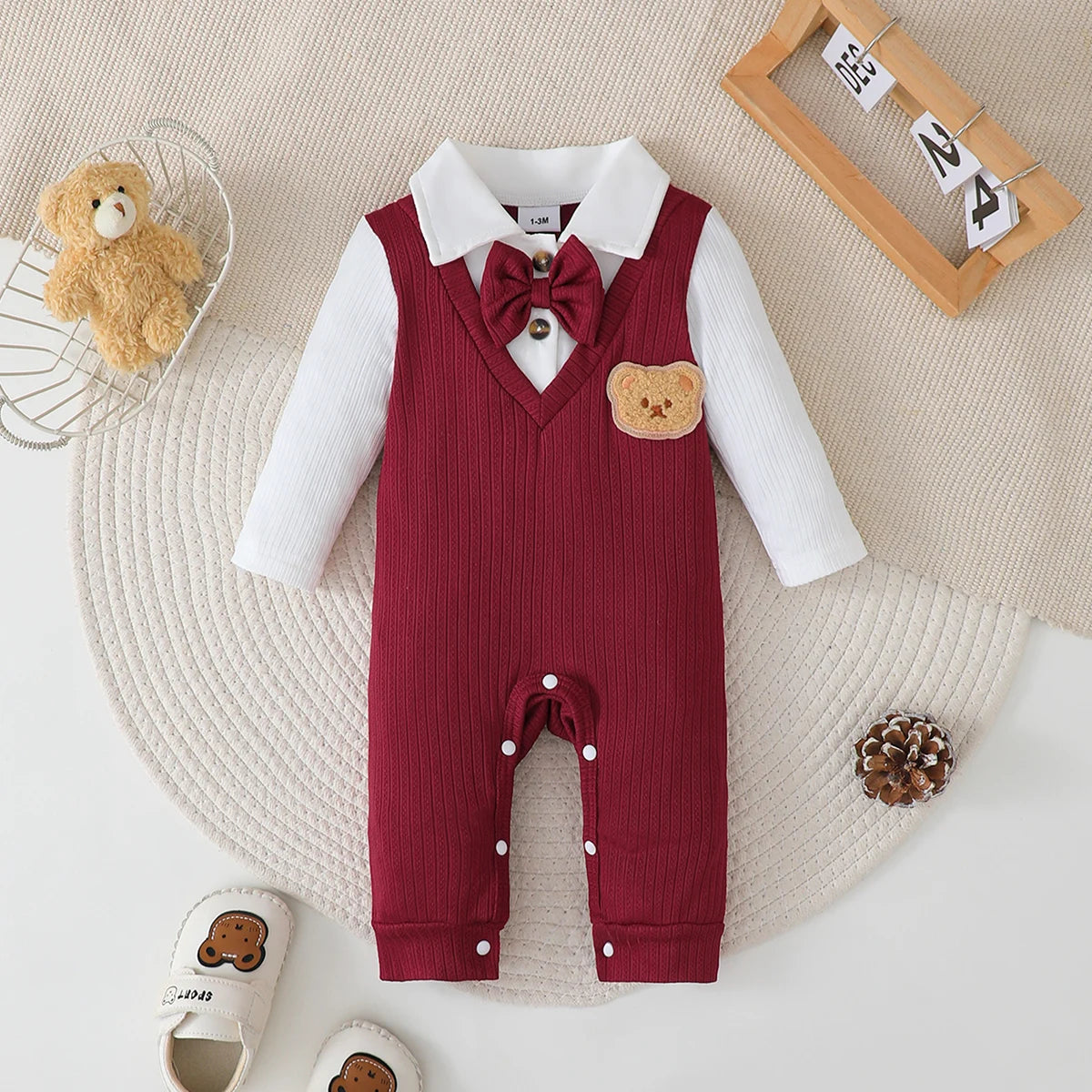 Newborn Baby boy Bodysuit lapel Bow College style Long sleeves Jumpsuit for 0-18 Months Baby Boys in Spring and Autumn Bodysuit