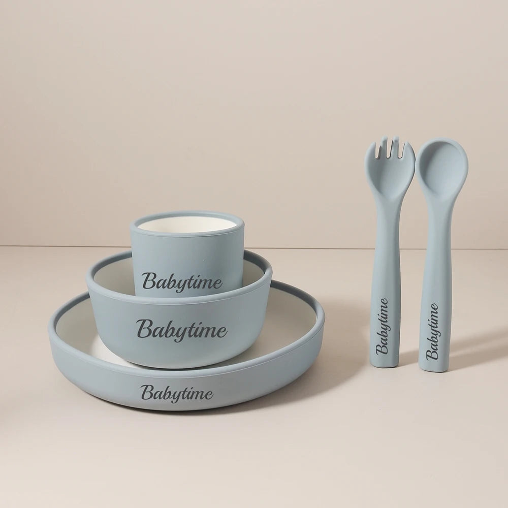 Minimalist Silicone Baby Feeding Set, 5-Piece No Suction Cup Plate Bowl Cup Fork Spoon Set, 1st Birthday Gift