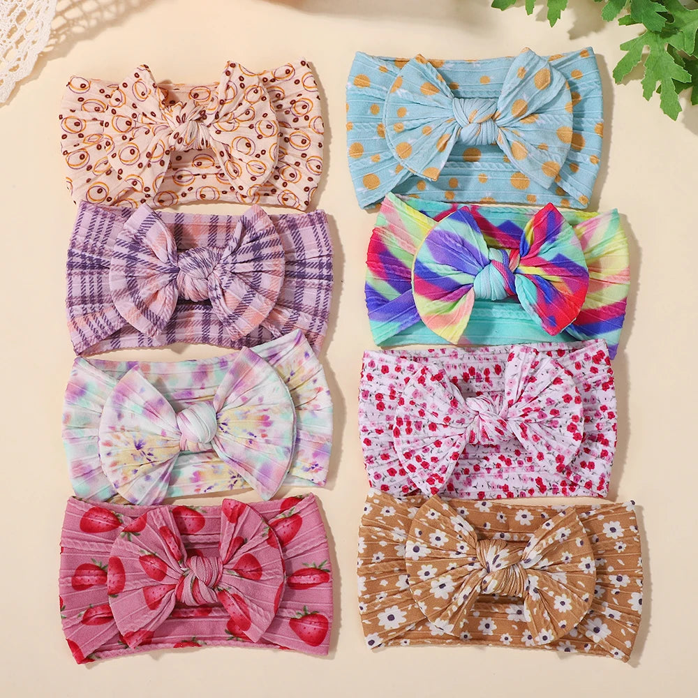 8PCS/lot High Quality Embroidered Nylon Bow Headband with Beautiful Printed Elastic Headband for Infants Toddler Headdress