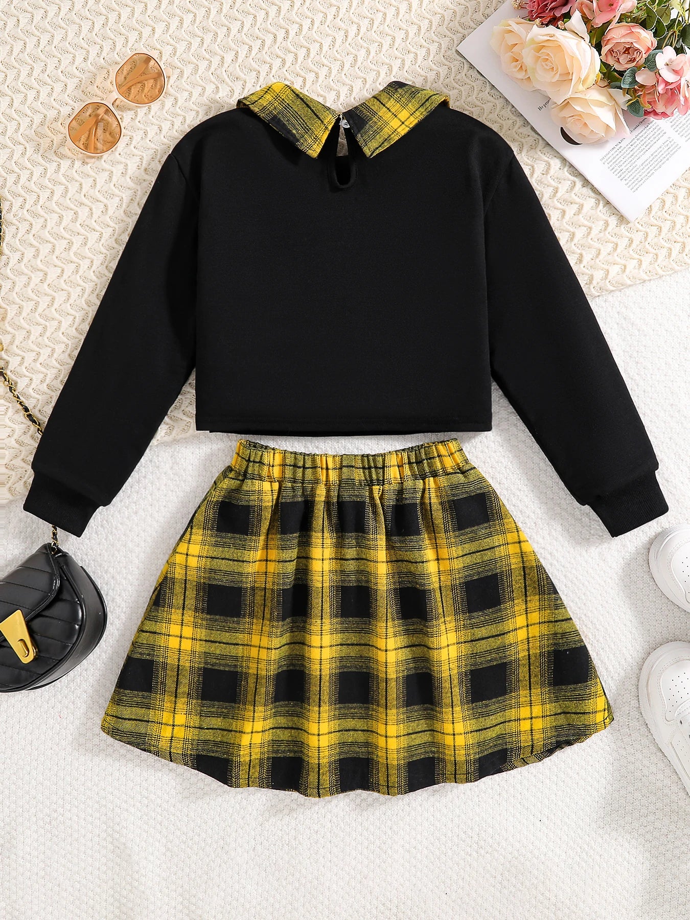 Girls Fashion Casual 2-Piece Set Black Lapel Long-Sleeved Letter Print Shirt Plaid Skirt Spring Autumn New