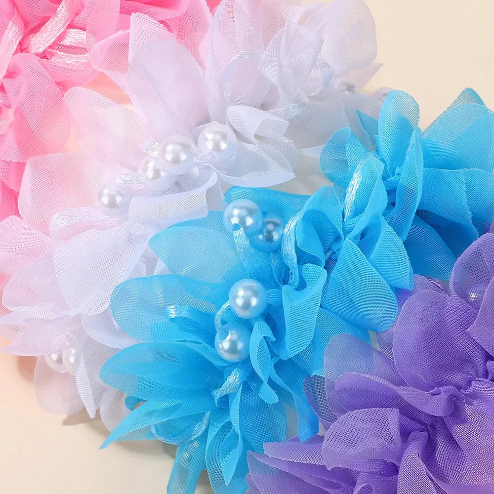 2Pcs Kids Hair Bands Set for Girls Elastic Rubber Bands Chiffon Flowers Beads Ponytail Holder Children's Hair Accessories Gift