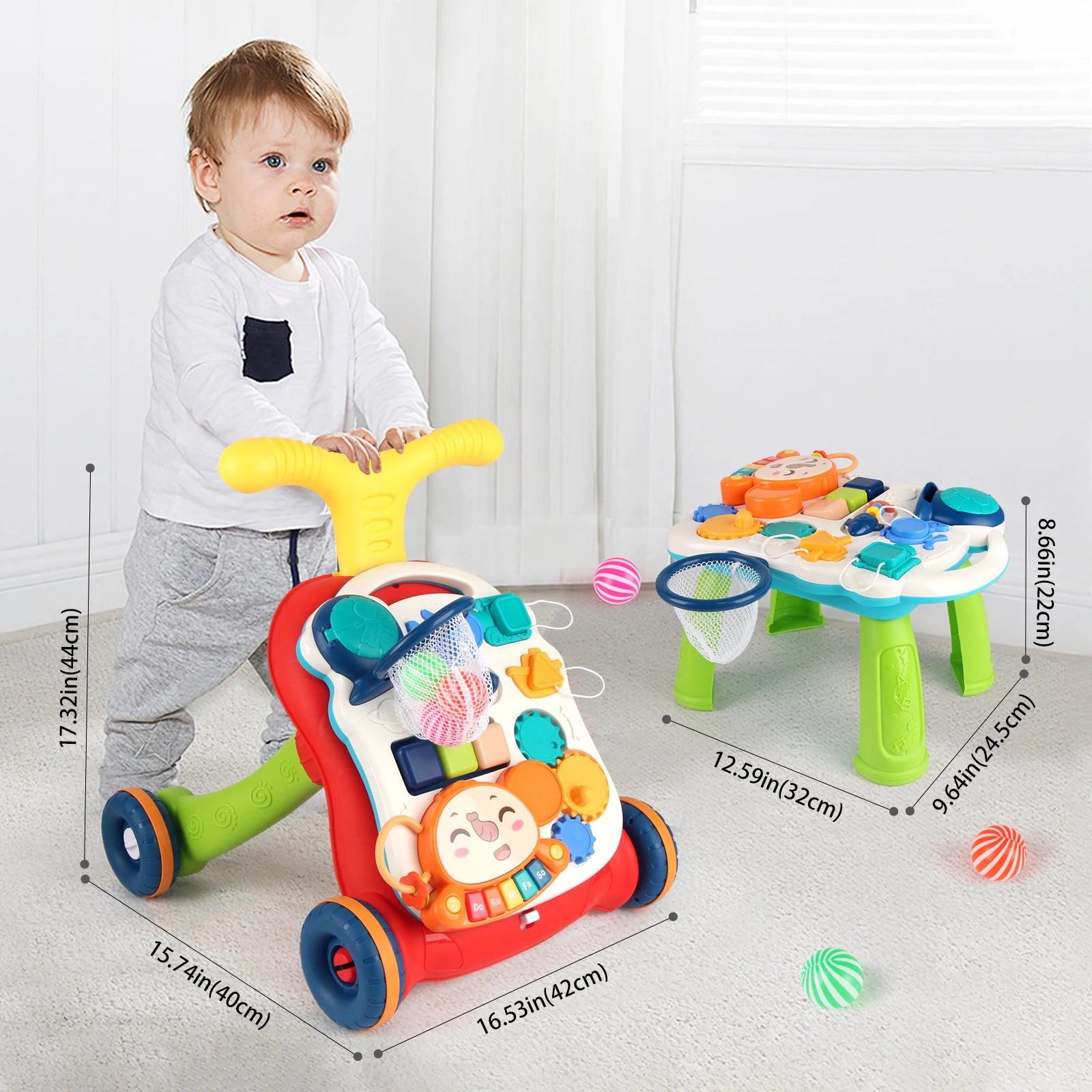 Cartoon Baby Push Walker Toy with Music Drawing Board Multifunction Activity Toddler Walker Learning Walk for 6M+ Infant