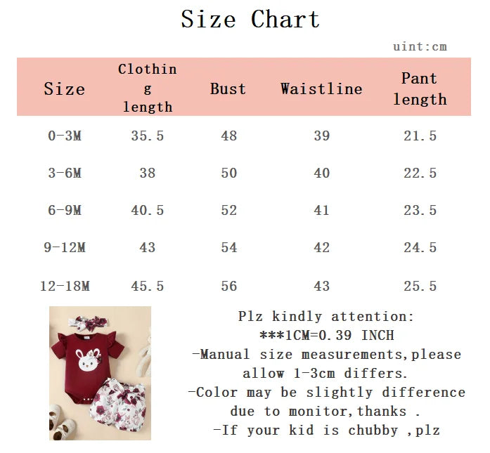 0-18 Months Newborn Baby girl Flying sleeve Cute Small Rabbit Jumpsuit+Rabbit Printed Shorts Set Baby girl Easter Costume