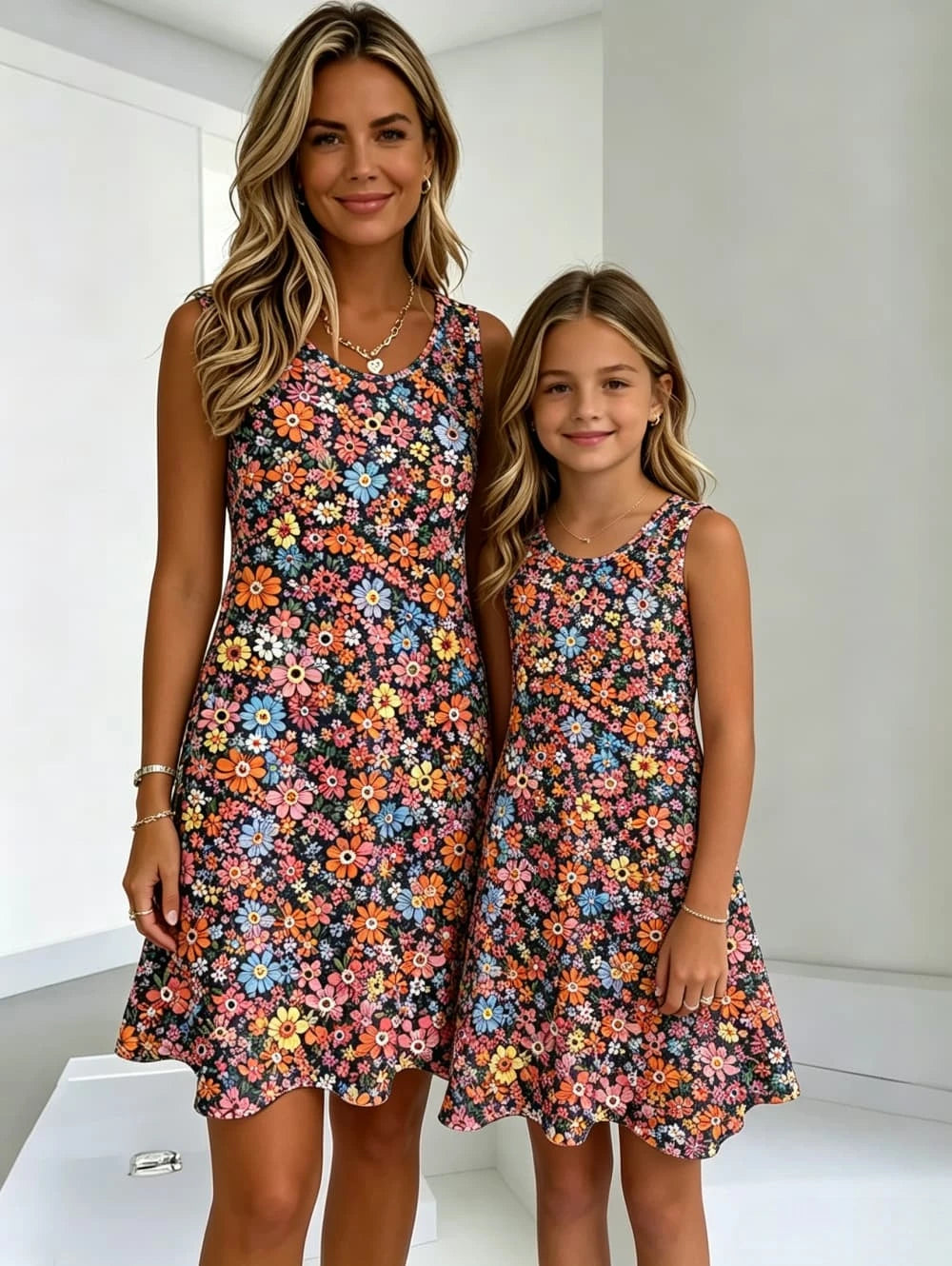 Women's Sleeveless Dress Bohemian-Style Print Casual Beach Parent-Child Outfit Loose Round-Neck Ethnic Rustic Style Girl Clothes