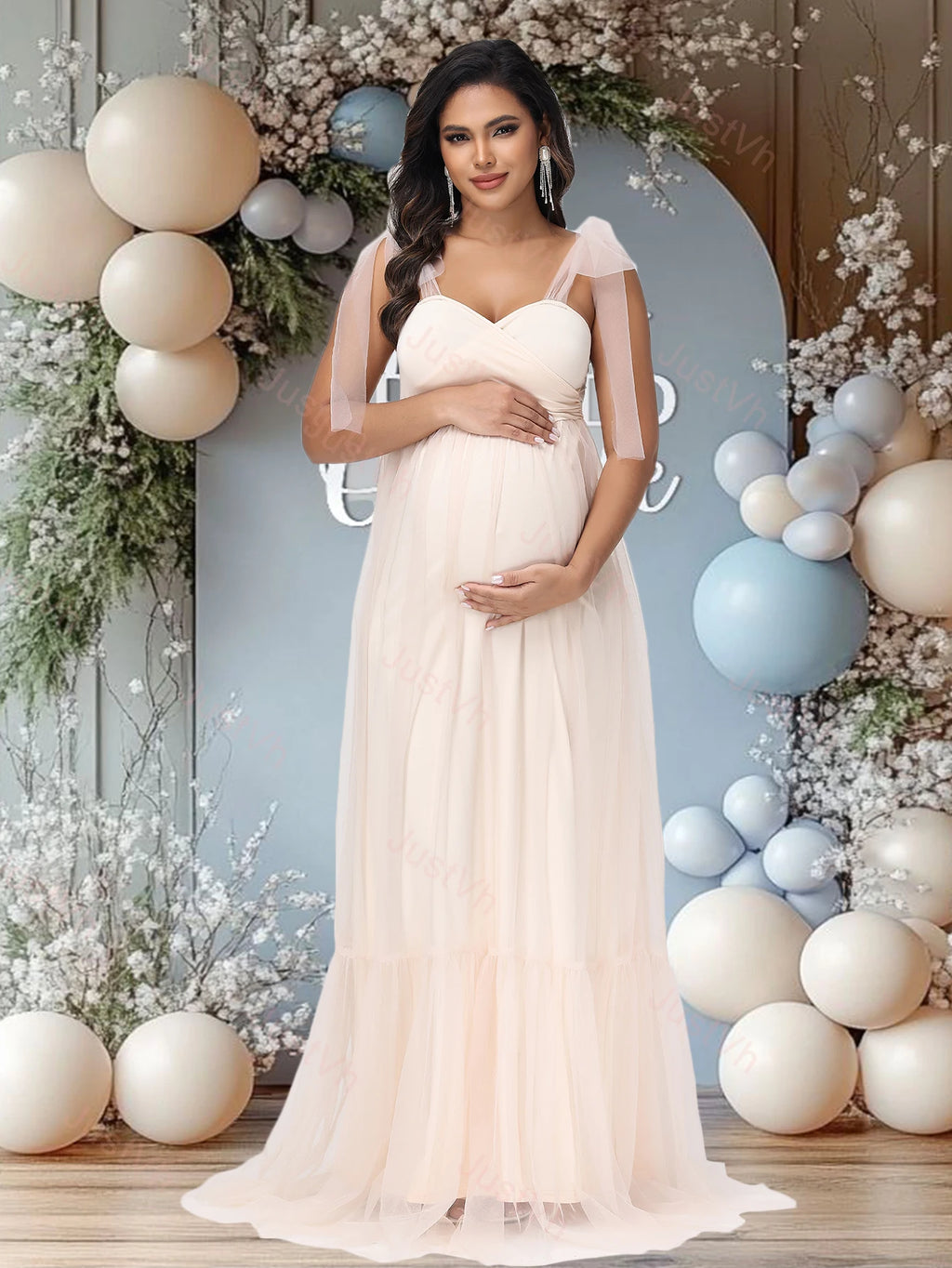 Maternity Summer Photography Dress Sleeveless Off Shoulder Soft Tulle Women Pregnancy Gown for Baby Shower Photoshoot