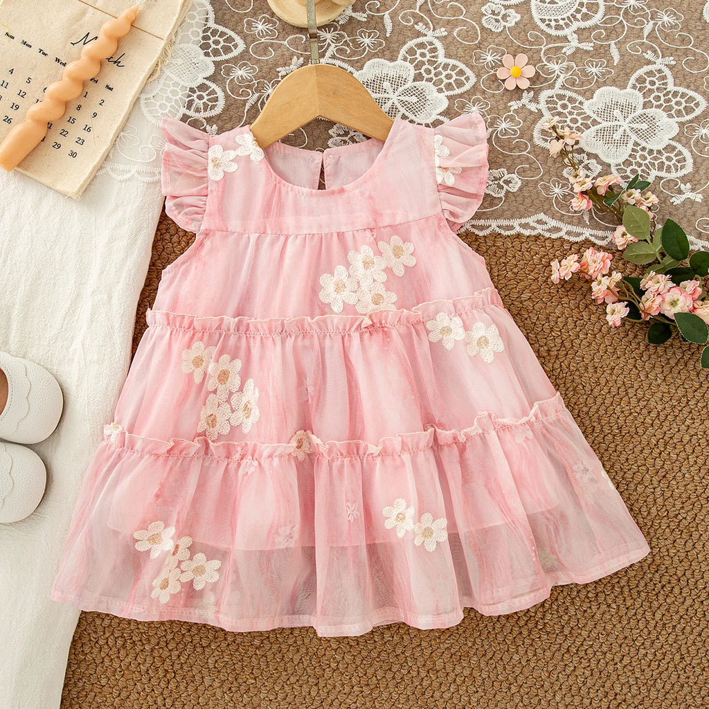 Baby Clothes for Girl Summer Fashion Floral Purple Birthday Party Baby Girl Fairy Dress Korean Style Sweet Toddler Tulle Dress