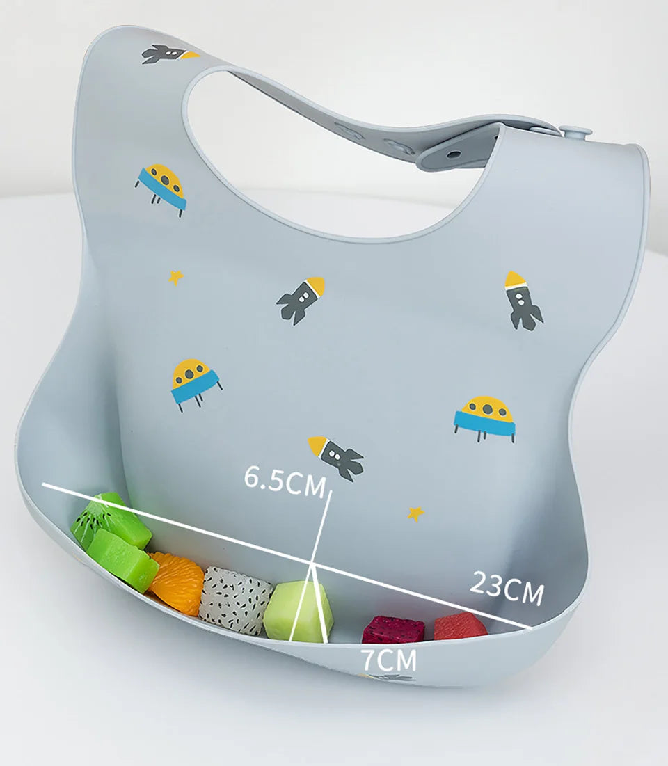 Waterproof Bibs For Kids Feeding Baby Eating Stuff Soft Silicone Babeast Cartoon Printed Adjustable Baby Tasting Feeding Bibs
