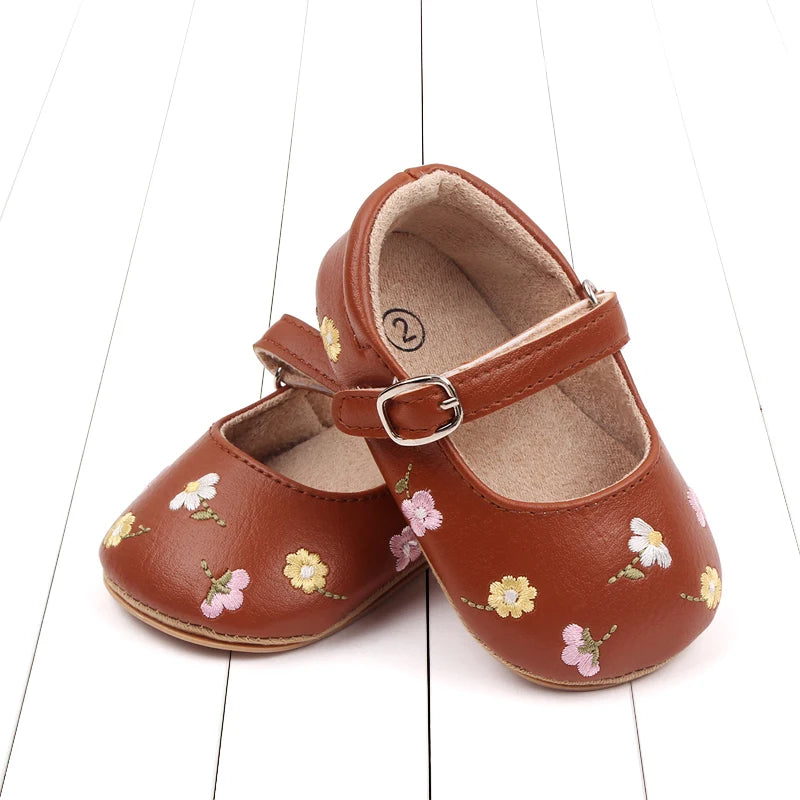 Baby Girl Princess Shoes High Quality Soft PU Embroidery Flower TPR Sole Anti-slip for Toddler Girl 0-18 Months New Fashion