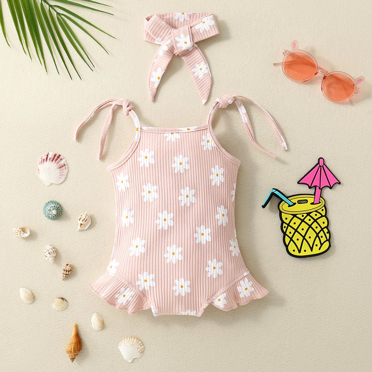 2PCS Summer Girl Crawling clothes Short Sleeve Cotton Short Sleeve  Round Necked Striped Clothes with Flower Printing Headband