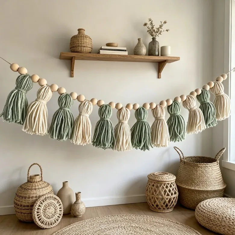 Ins Bohemian Green and White Wooden Bead Tassel Garland Sage Series Wooden Bead Tassel Banner Fireplace Decoration Home Wall Hanging Decoration Sage