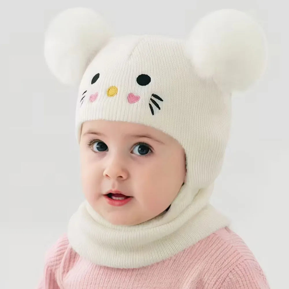 0-3Y Kids Balaclava Toddler Beanie Double Balls Baby Cat Stretchy New Born Girls Boys Beanies Winter Hats for Cold Weather Gear