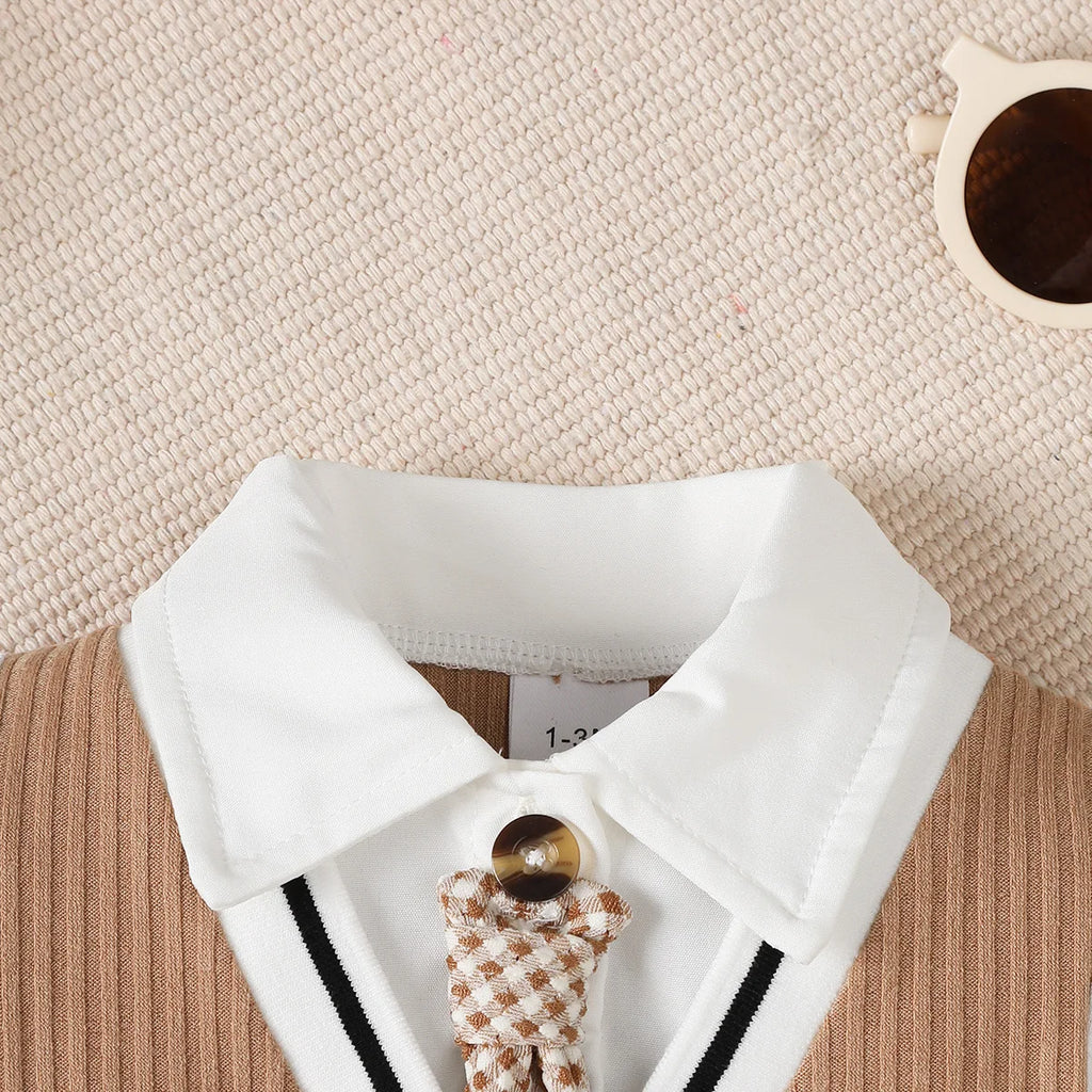 0-18 Months Baby boy Jumpsuit Collar Cartoon Teddy Bear Short Brown Jumpsuit for Birthday Party Little Gentleman Jumpsuit