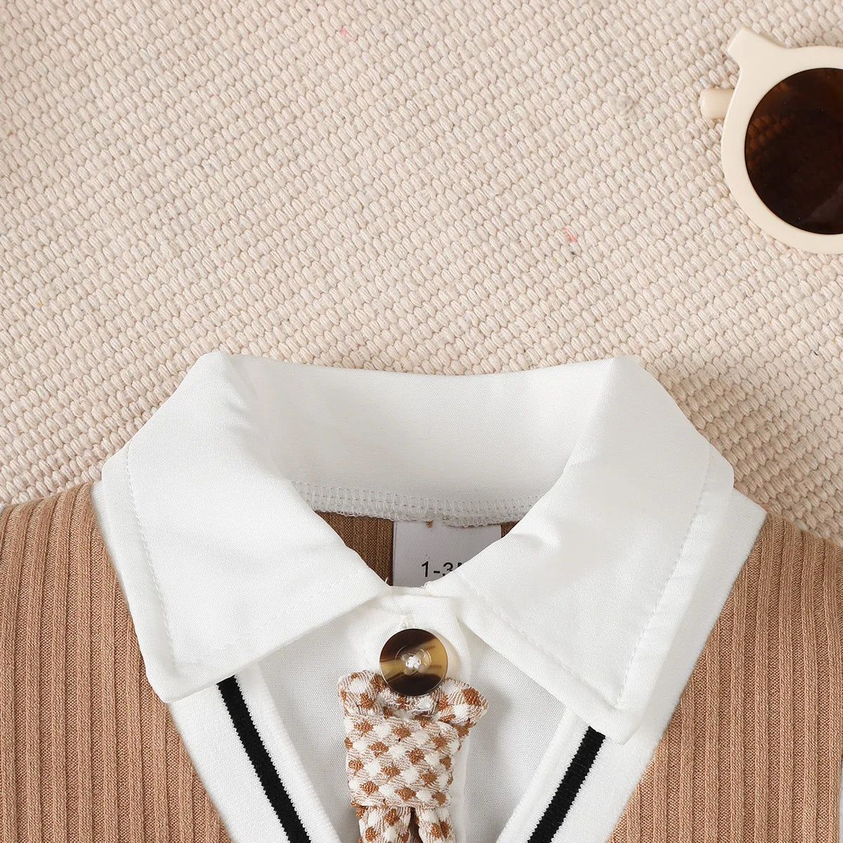 0-18 Months Baby boy Jumpsuit Collar Cartoon Teddy Bear Short Brown Jumpsuit for Birthday Party Little Gentleman Jumpsuit