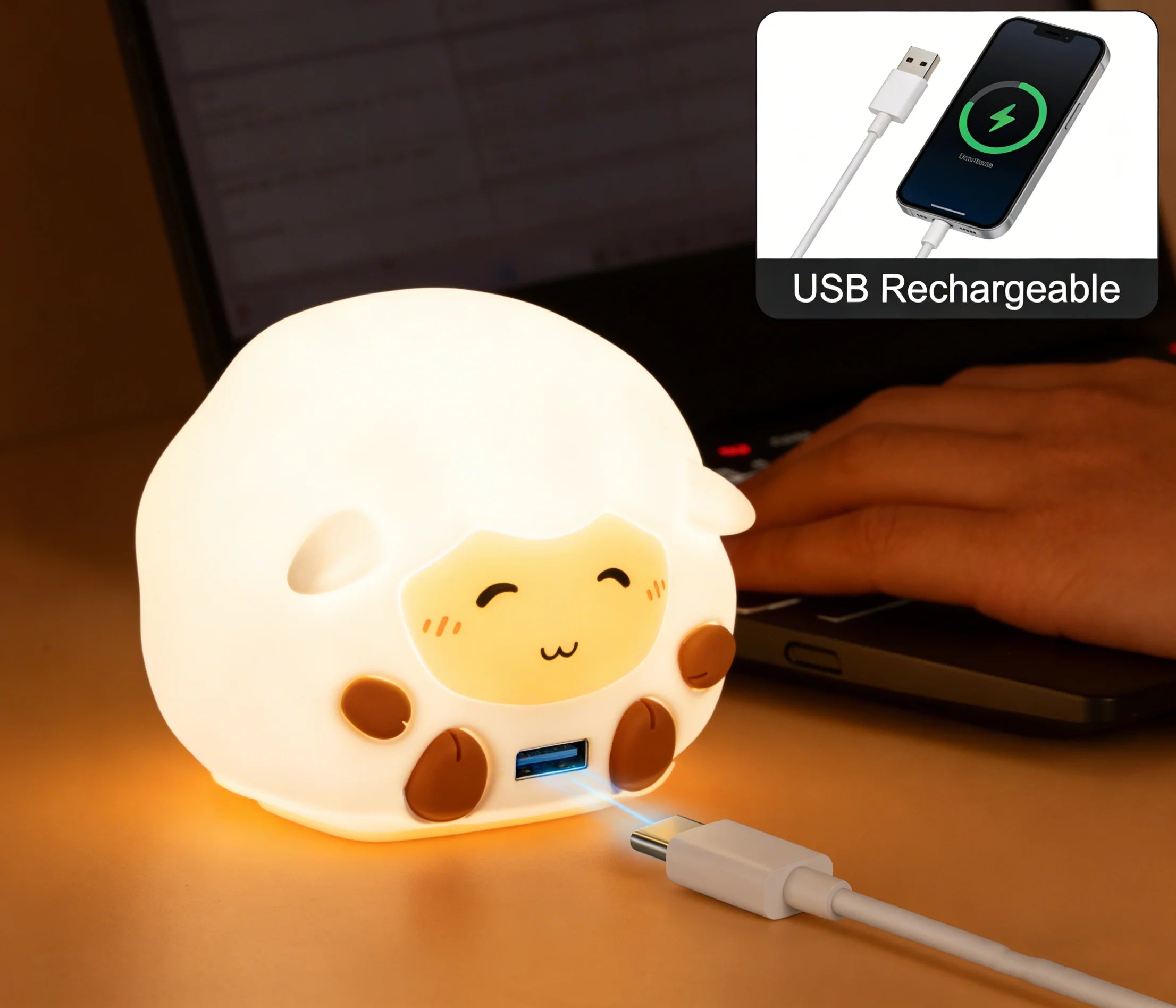 Cute Silicone Sheep Patting LED Night Light USB Rechargeable Dimmable Eye-Friendly Lamp for Kids Bedroom Decor Birthday Gift