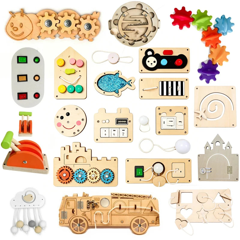 Baby Montessori Busy Board Accessories Gear Castle Color Change Card Switch Light DIY   Valve Wood Educational Toy For Children