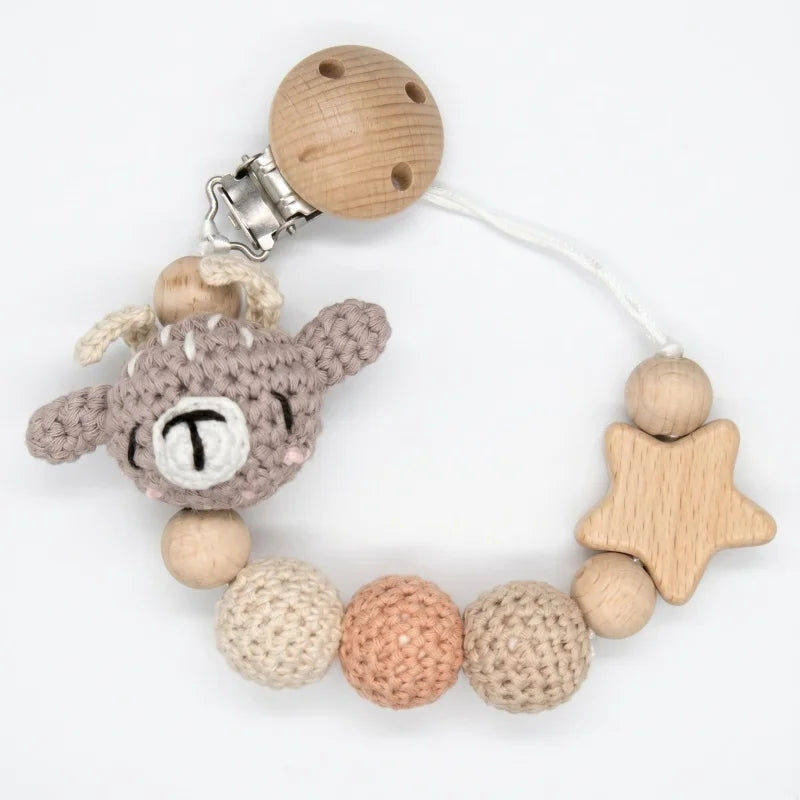 Personalized Baby Pacifier Clip with Name – Crochet Bear Wooden Star Teether Holder