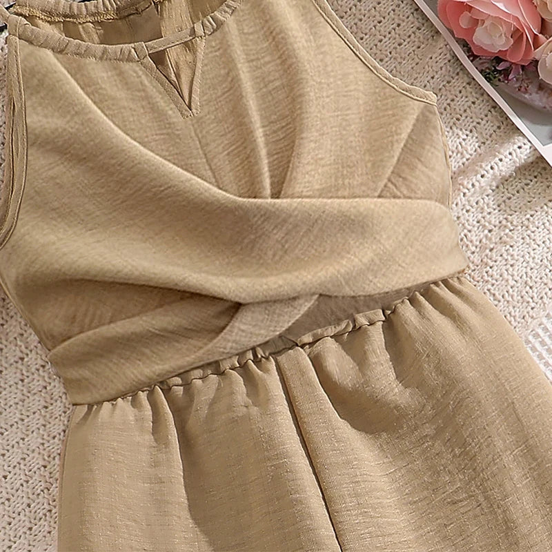 Girls 8-12 Casual Khaki Jumpsuit, Halter Neck Twist Front Sleeveless & Elastic Waist Wide Leg Pants, Daily Kids Outfit
