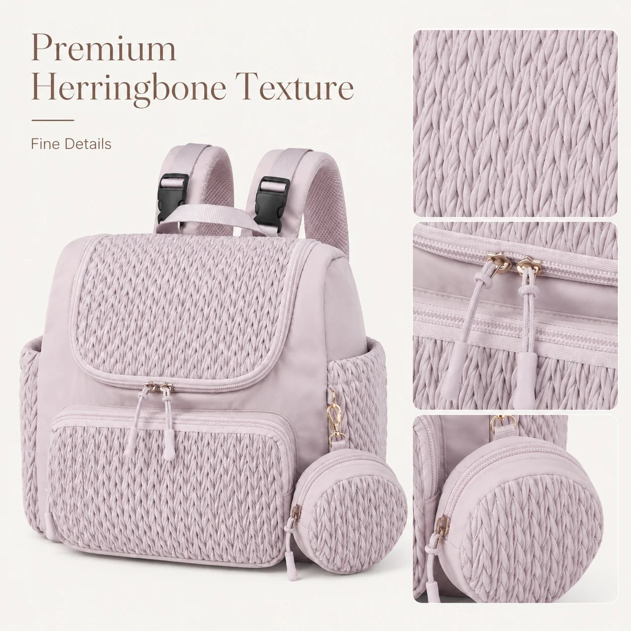 Fashion Mommy Diaper Backpack Large Capacity Baby Bag Herringbone Quilted Travel Nursing Bag with Multi Pockets Side Pouch for M