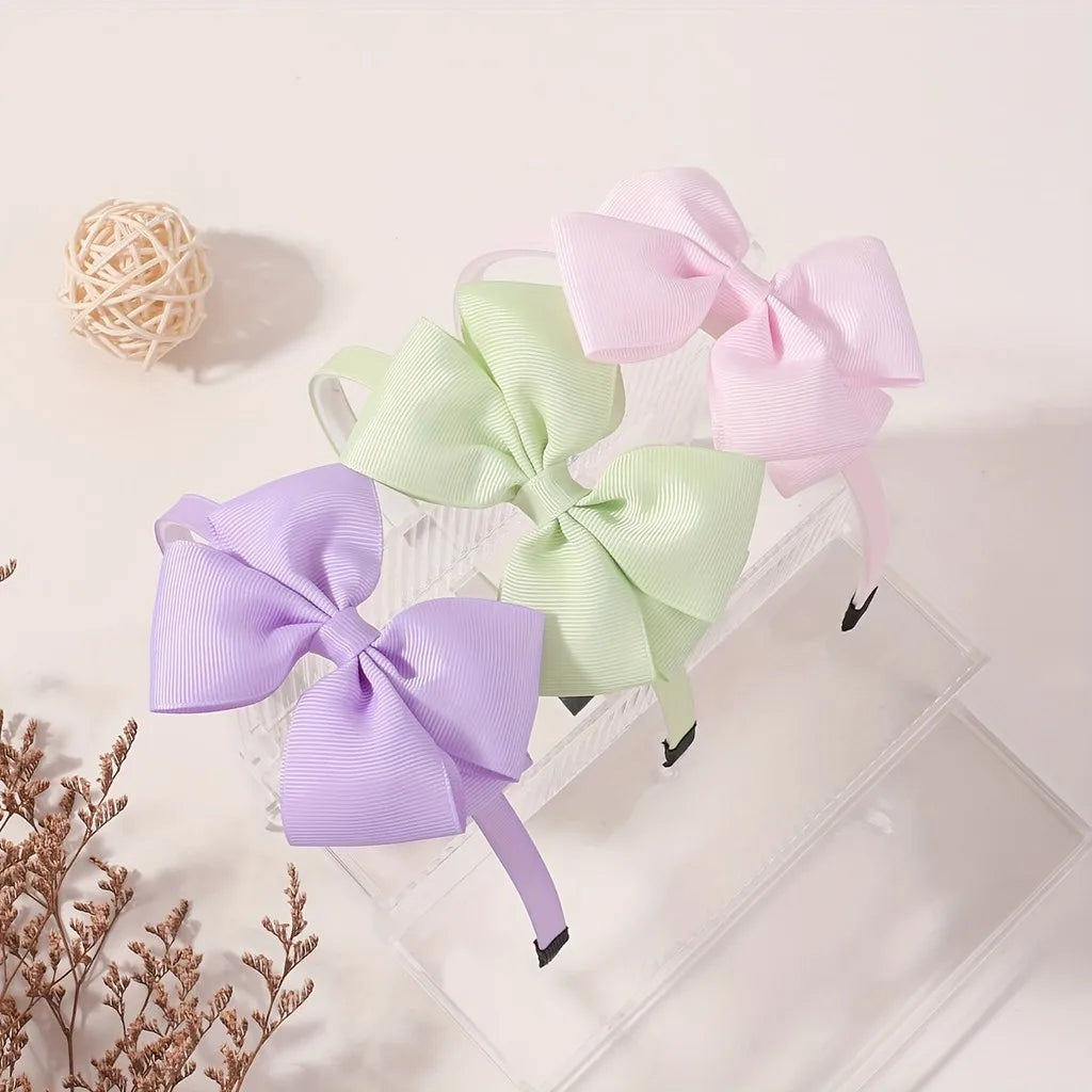Kids Ribbon Bow Headband Hair Hoop Set for Girls Festive Solid Color Hair Accessories