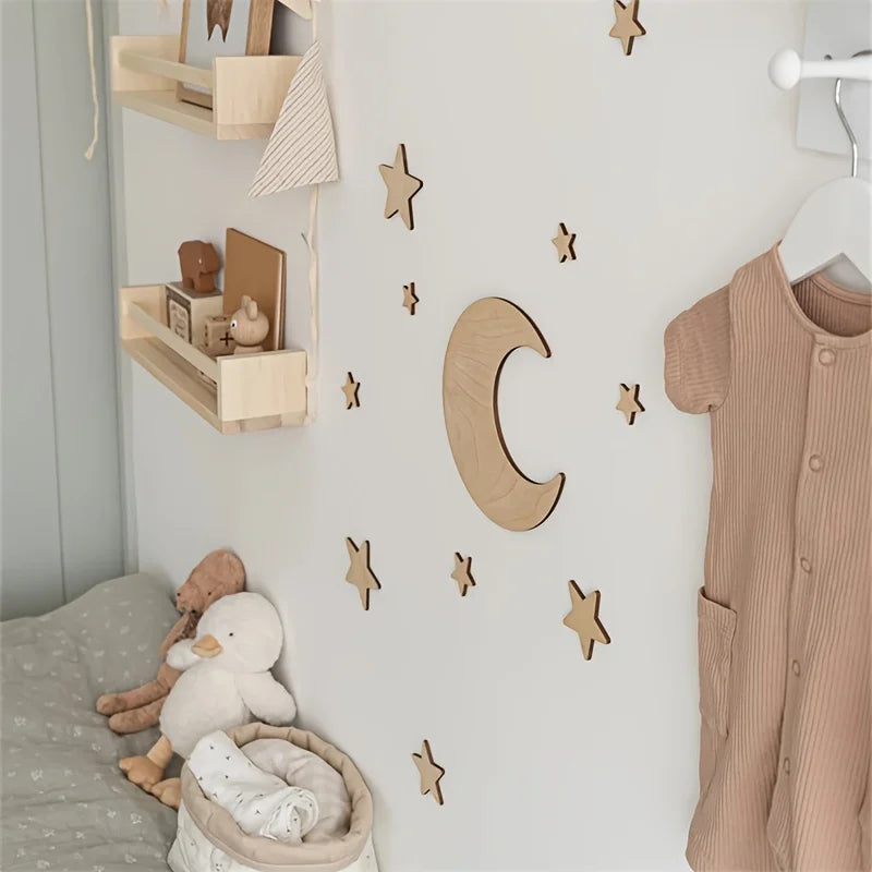 Ins Nordic Style Moon and Stars Wooden Self-Adhesive Decorative Set Home Space Theme Wall Art Decoration Wall Sticker Set