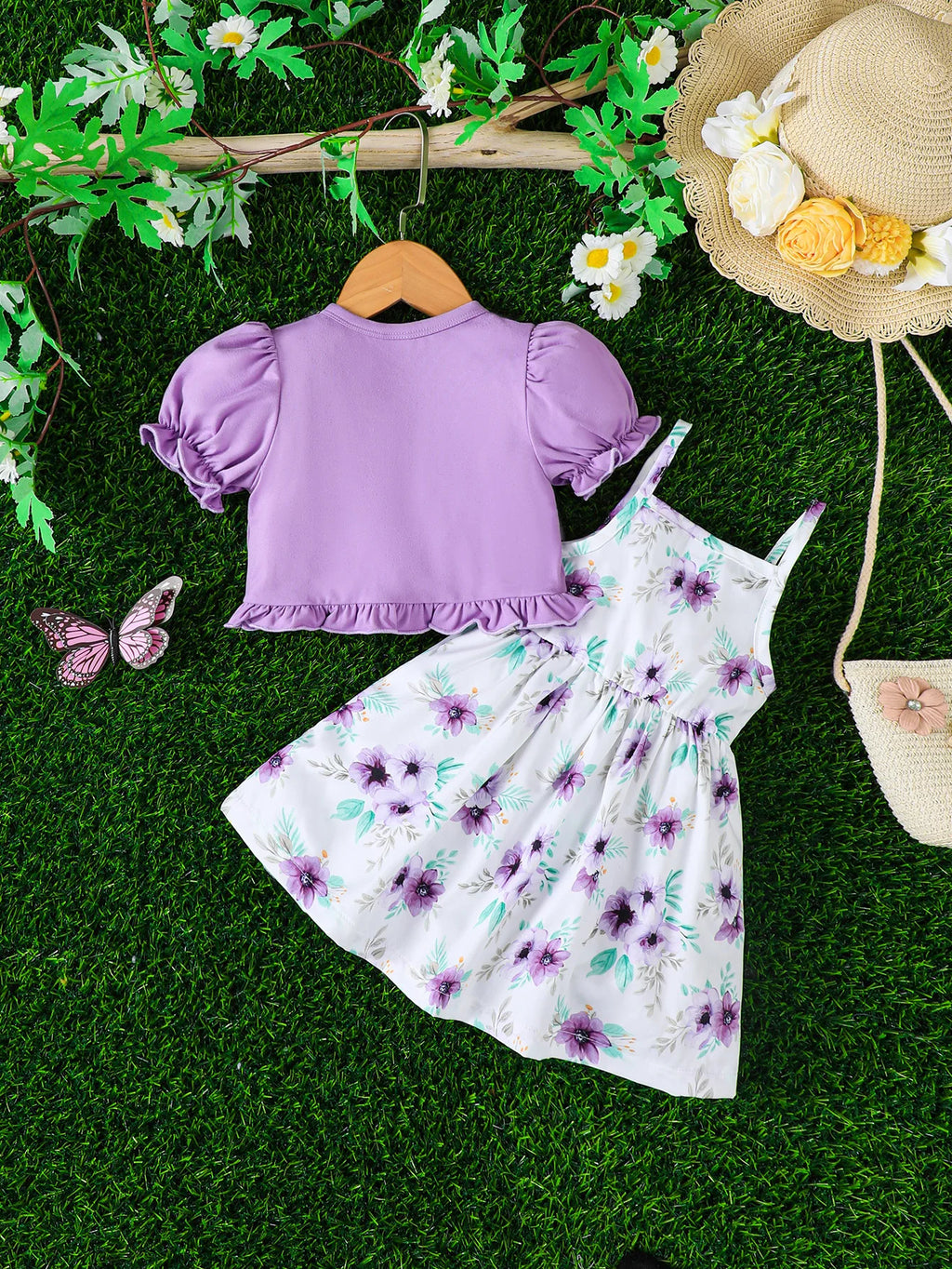 Baby girl Summer Dress Set Beautiful Purple Printed Suspender Dress+Ruffled shawl 2Pcs/set suitable for cute baby girls 0-3Years