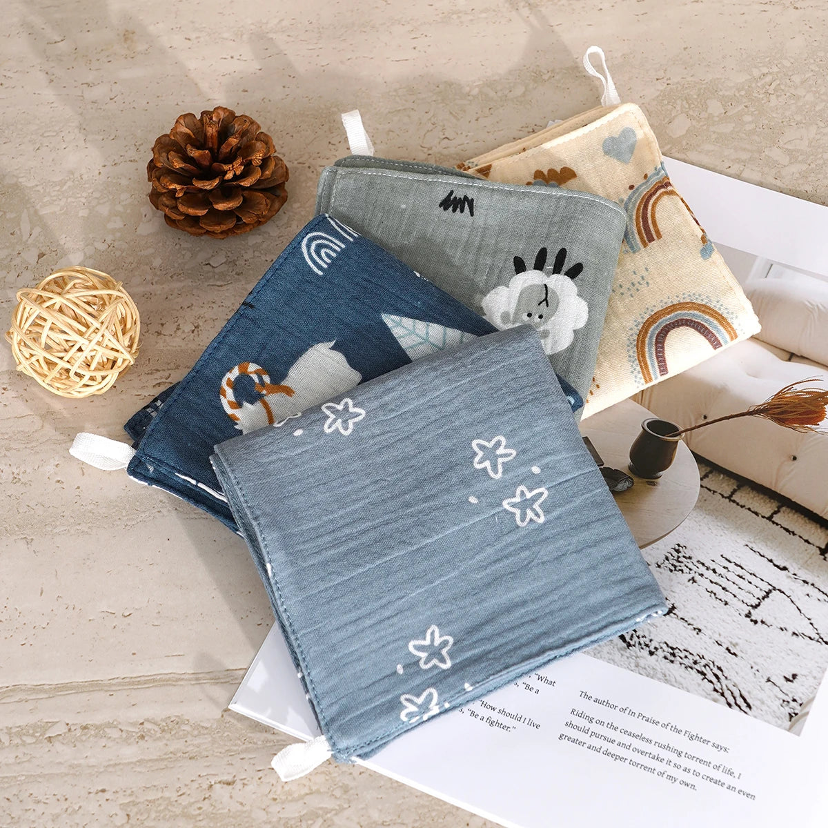 Elinfant 4PCS Baby Face Towel 100% Cotton Crepe Cloth Washcloth Soft Cozy Cloth Wipes Infant Burp Cloth