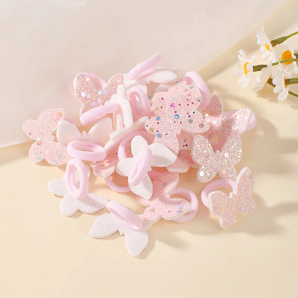 20Pcs/lot Sequin Butterfly Hairbands for Children No Harm To Hair Cartoon Towel Rope Girls Ponytail Holder Rubber Band Headwear