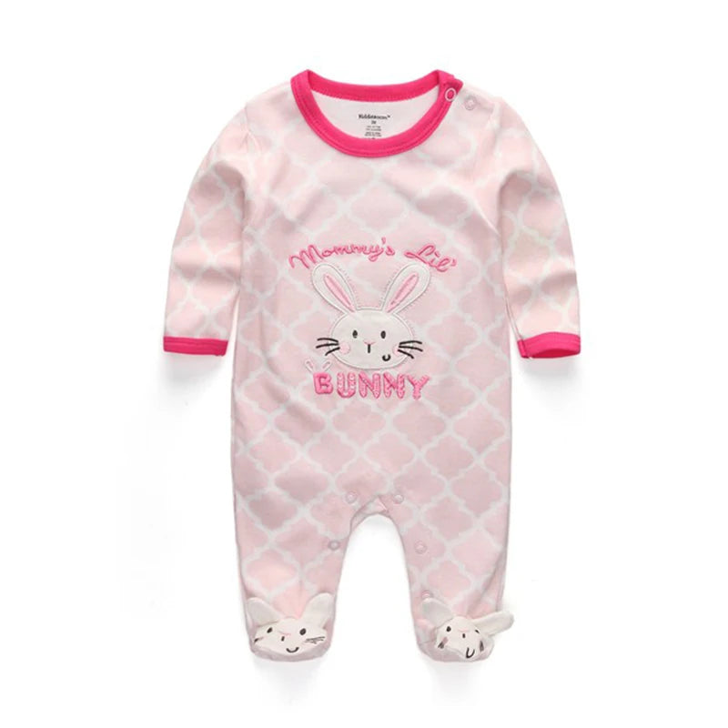 Kiddiezoom Fashion Cute Pink Rabbit Print long Sleeve Baby Girl Rompers Soft 100%Cotton Newborn Jumpsuits Infants Clothing