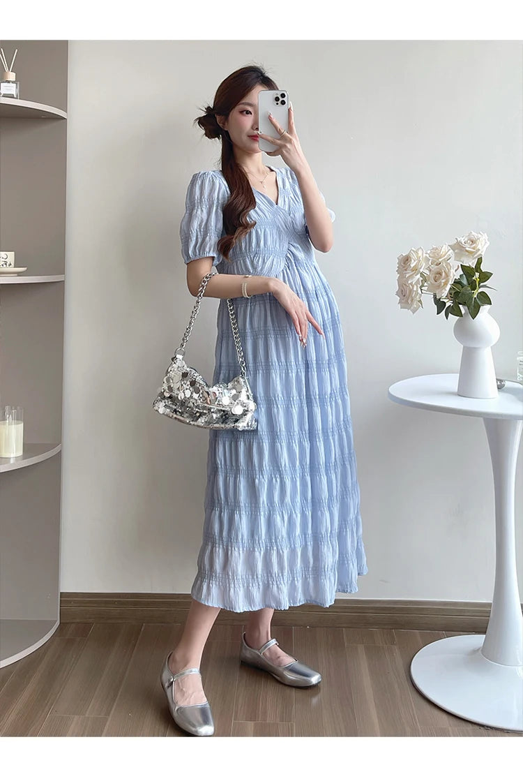 French Style Summer Maternity Pleated Dress High Waist V-neck Short Sleeve Pregnant Woman Elegant Dress Pregnancy Clothes Loose