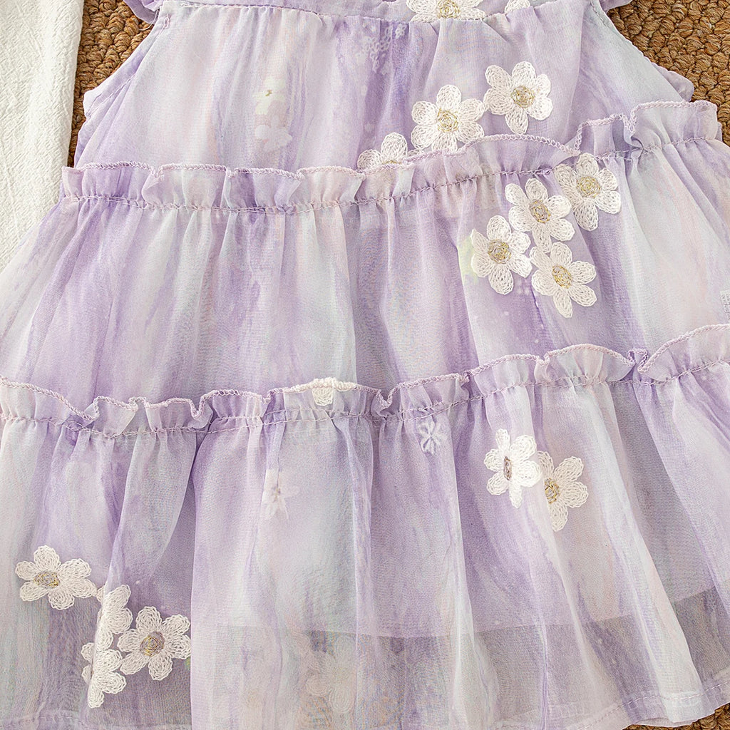 Baby Clothes for Girl Summer Fashion Floral Purple Birthday Party Baby Girl Fairy Dress Korean Style Sweet Toddler Tulle Dress