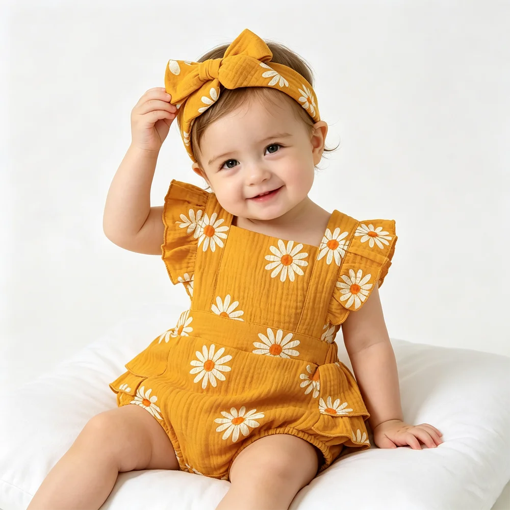 Baby Girl 2Pcs Summer Outfit Daisy Print Ruffle Flutter Sleeve Backless Romper with Headband Cute Infant Set for Daily Wear