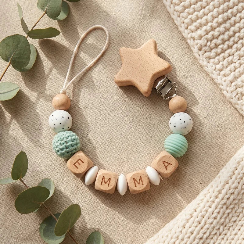 Personalized Baby Pacifier Clip with Name – Silicone & Wooden Bead Teether Soother Holder