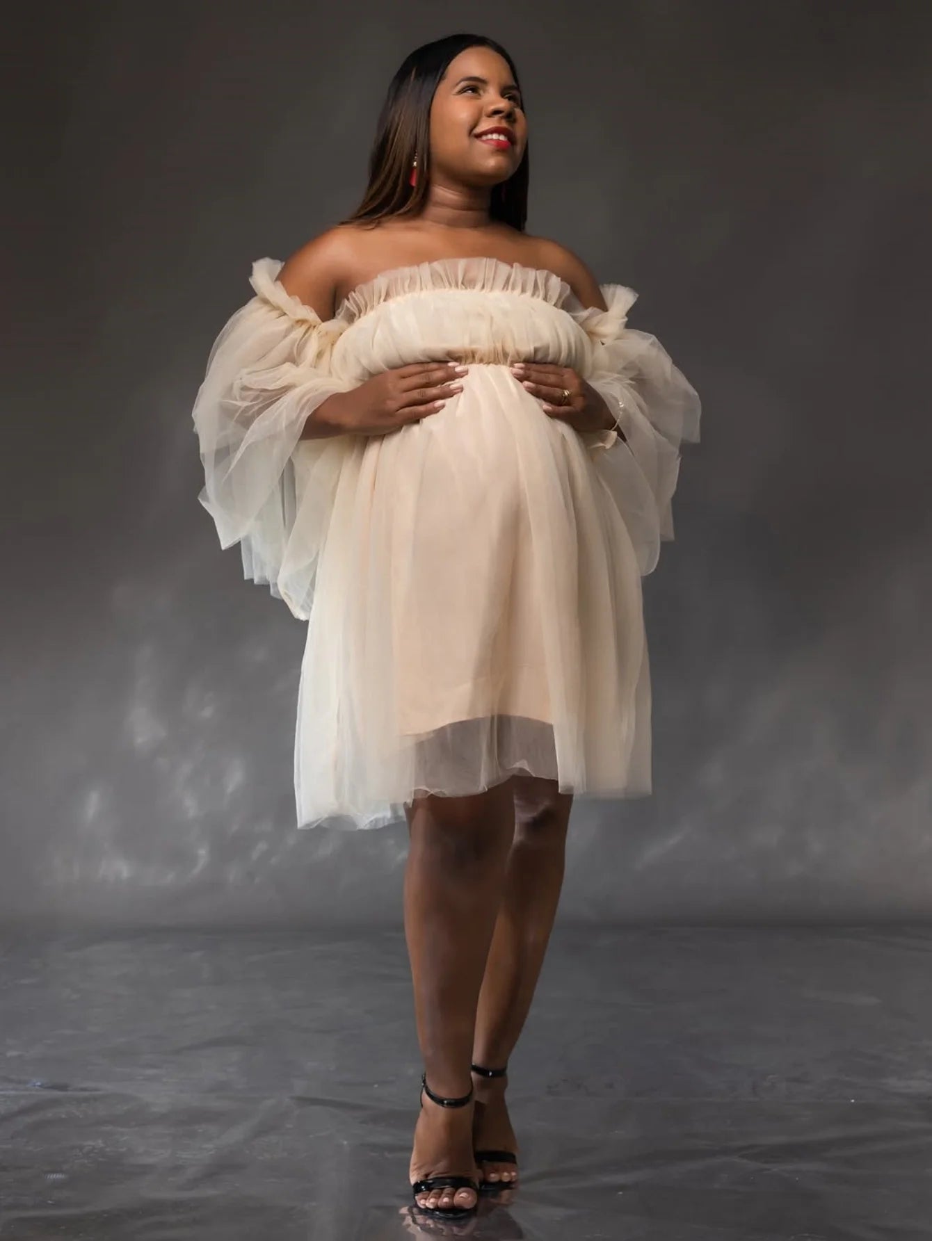 Maternity Mesh Photography Gown Long Sleeves Off-shoulder Elegant Summer Short Dress for Baby Shower Photoshoot