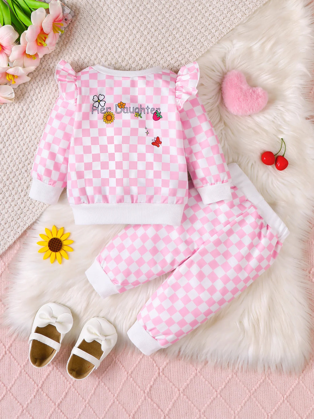Baby Girl Casual Set Cute Capybara Printed Pink Checkered Long Sleeve Pants 2 Pieces/set Suitable for Cute Baby Girls 0-3 Years