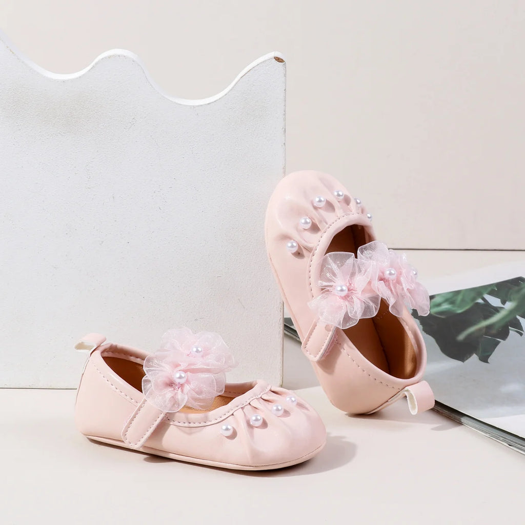 Charming Baby Girls' Pearl Decor Mesh Flower Soft Sole Flats