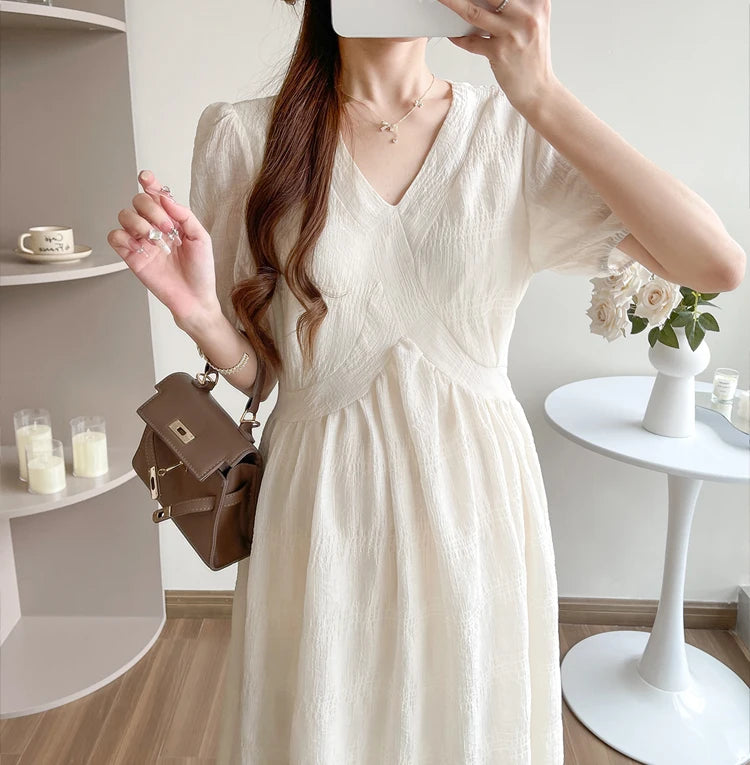 French Style Summer Maternity Pleated Dress High Waist V-neck Short Sleeve Pregnant Woman Elegant Dress Pregnancy Clothes Loose