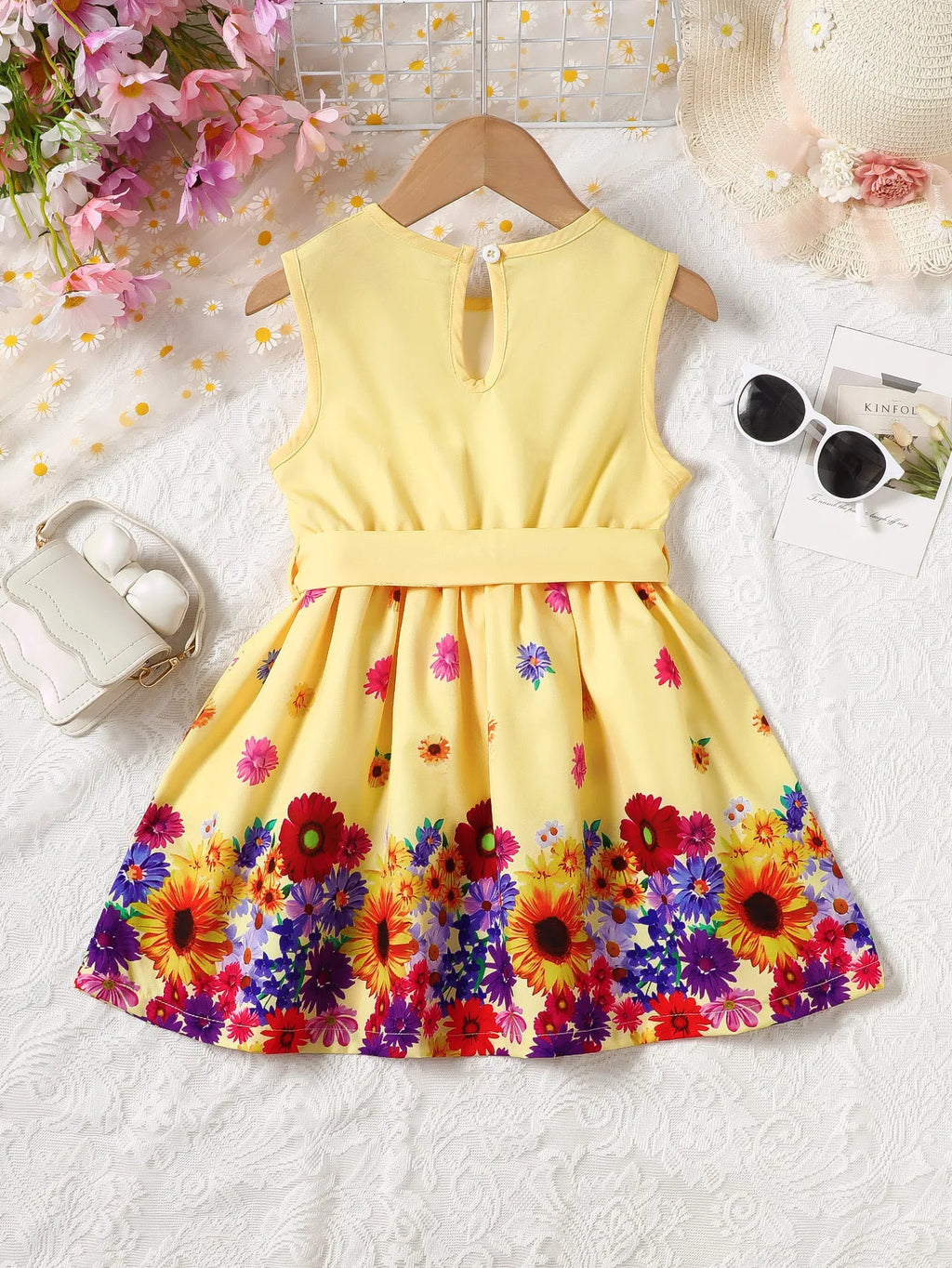 Kid Girls' Summer Dress Round Neck Beautiful Flower Printed Sleeveless Dress+Belt Set 4-7 Year Old Girls' Casual Dress