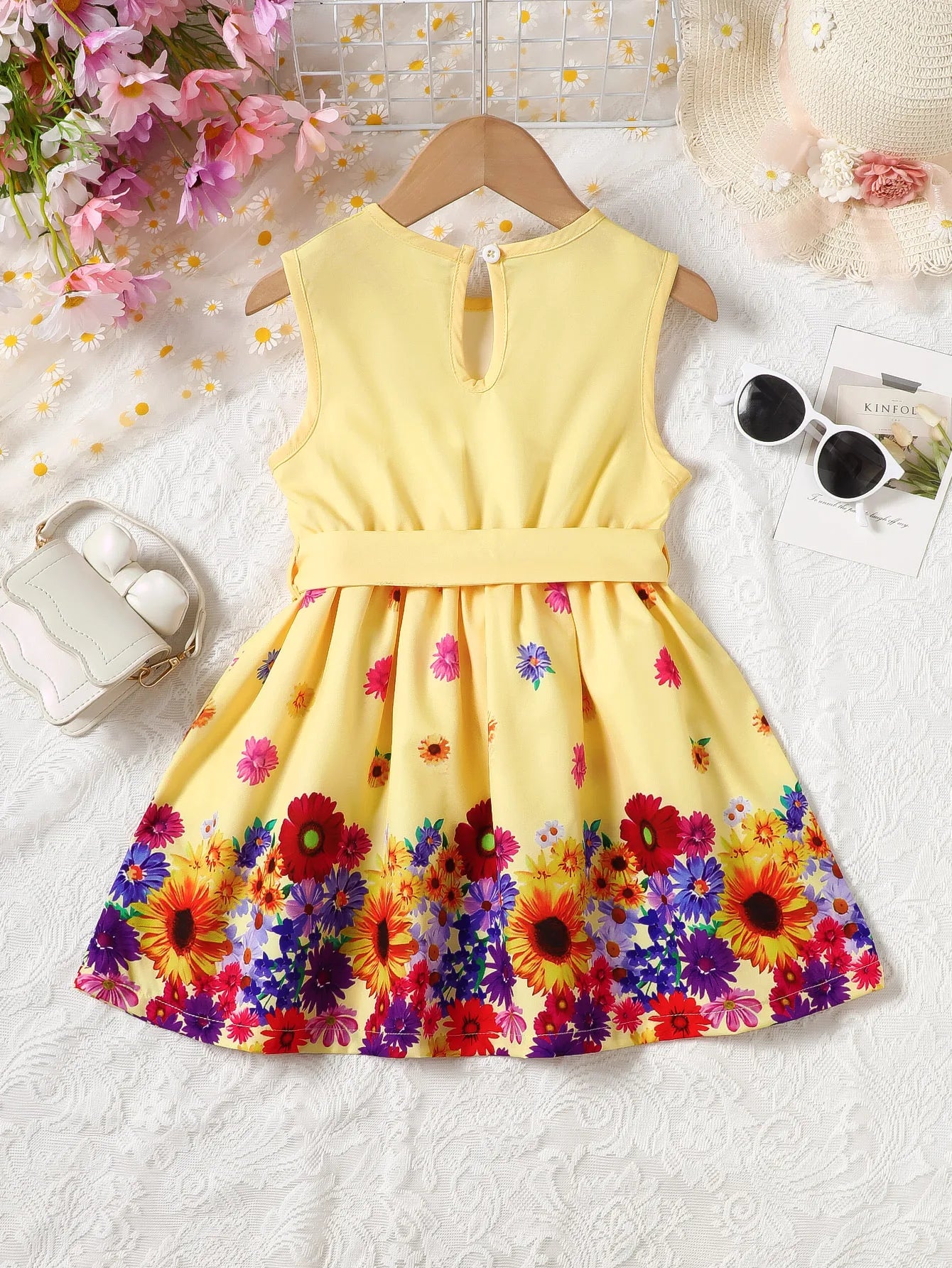 Kid Girls' Summer Dress Round Neck Beautiful Flower Printed Sleeveless Dress+Belt Set 4-7 Year Old Girls' Casual Dress