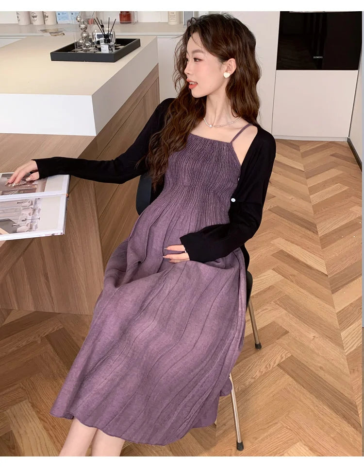 2026 Spring Maternity Dress Suits Long Sleeve Cardigans Strap Dress Twinset Pregnant Woman Clothing Set