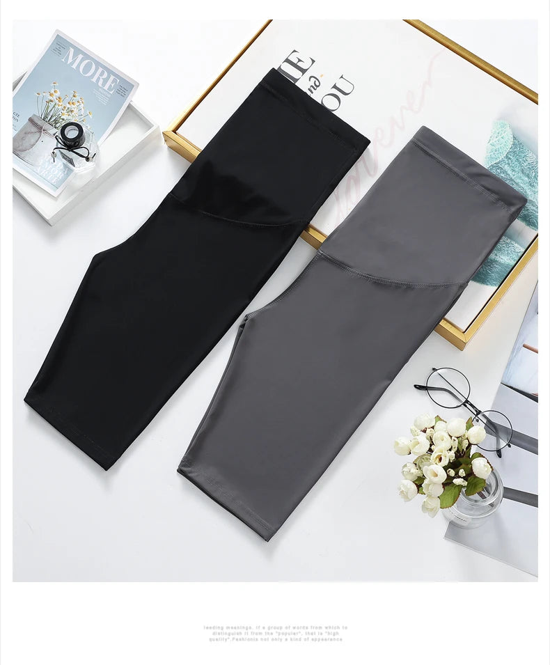 Pregnant Woman Legging Maternity Yoga Pants Summer Sharkskin Fabric Women Thin Black Slim Skinny Sport High Waist Fitness Shorts