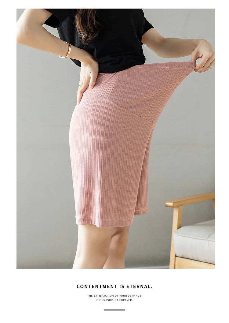 Summer Korean Style Pregnant Woman Ice Silk Shorts Knee-length Adjustable Waist Solid Color Maternity Wide Legs Straight Shorts
